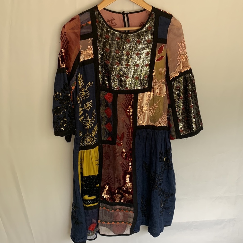 Gorgeous Vintage Boho Handmade Patchwork Sequin Beaded Tunic Mini Dress Small
